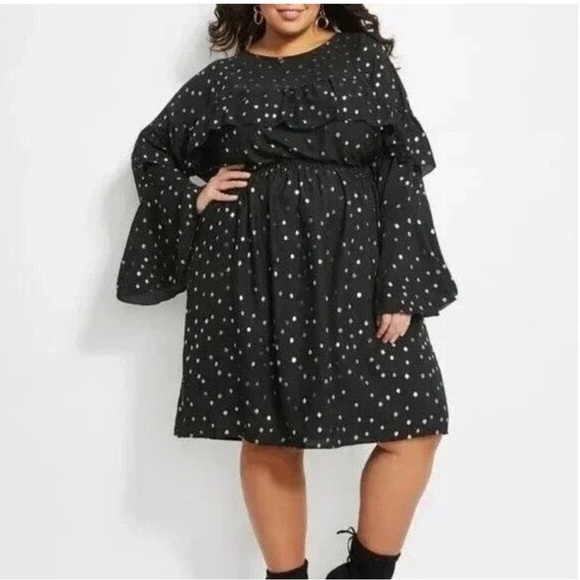 Ashley Stewart Dresses & Skirts - Ashley Stewart Dress Plus Size 12 Black Gold Polka Dots Ruffles Bell